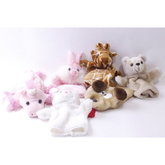 Animals Hand Puppets Set, Unicorn, Giraffe, Bear, Bunny, Dog, Soft Toys, - Picture 1 of 3